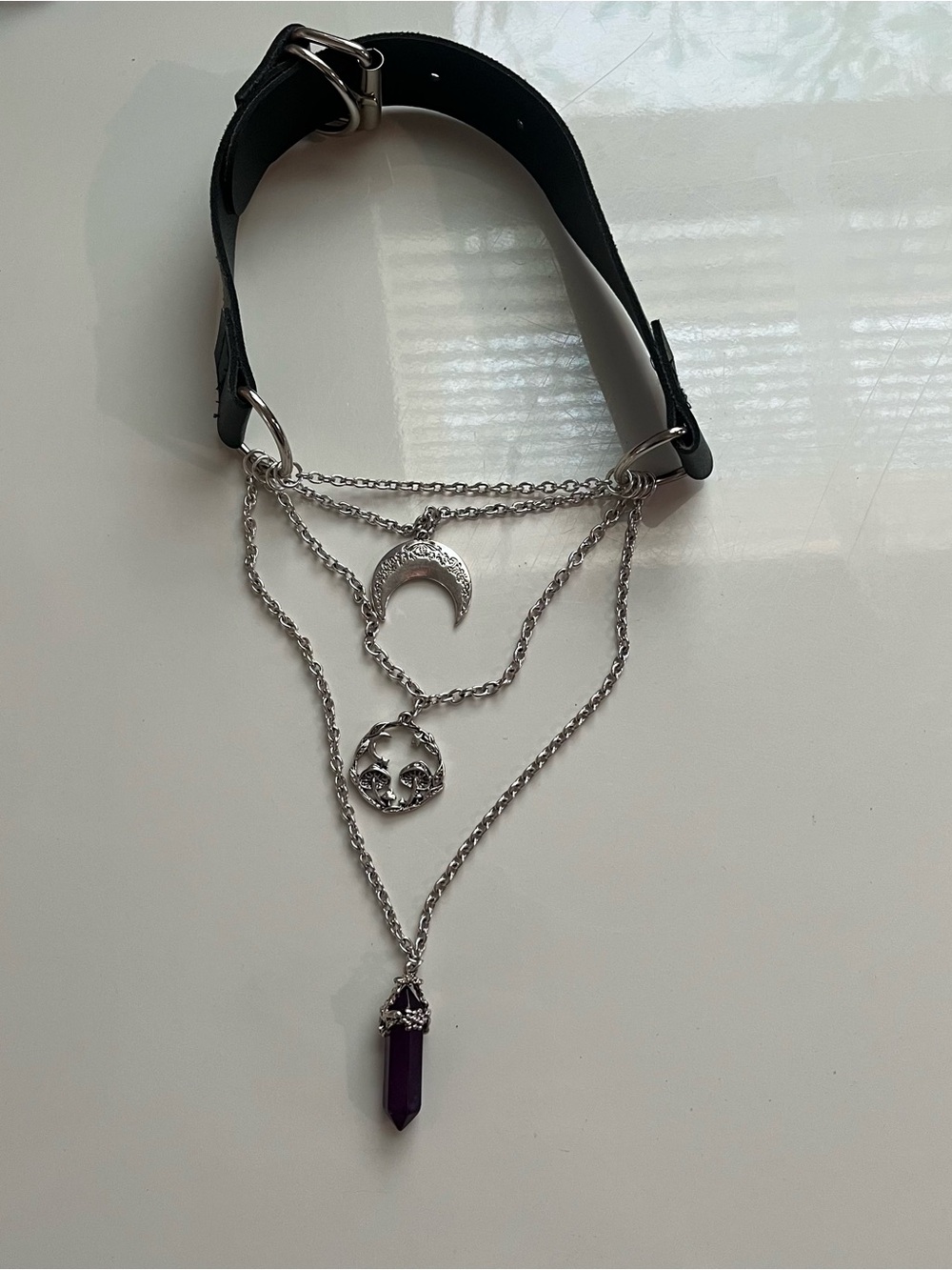Goth witchy Black Collar Choker with Silver Chains & Purple Crystal Pendant